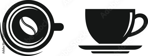 Coffee cup silhouette vector illustration, top and side view mug with saucer and bean icon isolated background