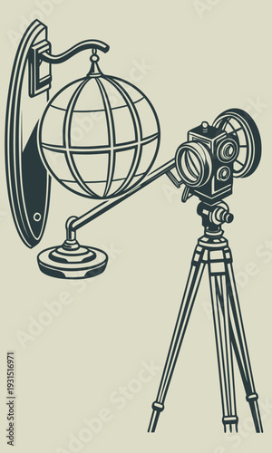 Vintage film projector and globe illustration.