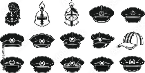 Headgear silhouettes, medieval helmets, police military caps, baseball casual hat, law enforcement protective gear, historical design, cad drawing flat vector illustration