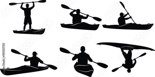 Kayaking silhouettes, paddling action poses, water sport activity, adventure outdoor recreation, kayak paddle movement, river lake exploration, cad drawing flat vector illustration