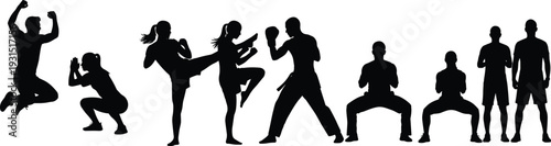 Martial arts silhouettes, athletic poses, fitness training, self defense practice, exercise movement, sports activity, black figures, flat vector cad drawing illustration
