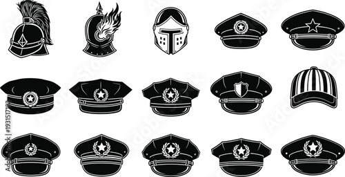 Police military helmets caps silhouettes, law enforcement headgear, historical knight roman helmet, protective gear illustration, cad drawing flat vector illustration