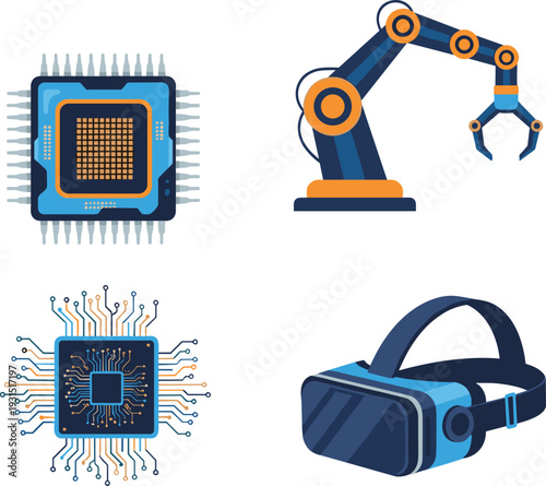 Technology icons, microchip processor, robotics automation arm, electronic circuit board, virtual reality headset, modern innovation, cad drawing flat vector illustration