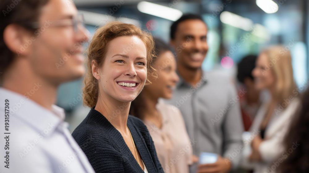 Fototapeta premium Diverse group of faceless business people engaging in friendly conversation in office hallway capturing positive and collaborative work environment multicultural colleagues