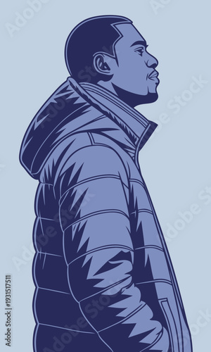 Confident Young Man in Puffer Jacket Looking Forward.