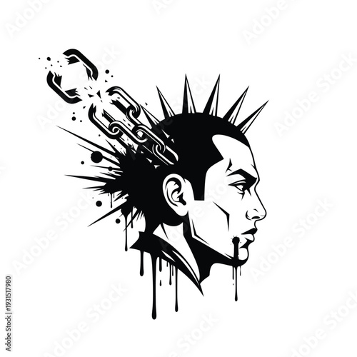Stylized Punk Rock Head with Chains Breaking Apart, Symbolizing Freedom, Rebellion, and Breaking Mental Barriers