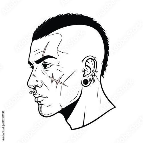 Punk Warrior Profile with Mohawk, Piercings, and Scars. Edgy Black and White Vector Illustration of a Rebellious Character Head.