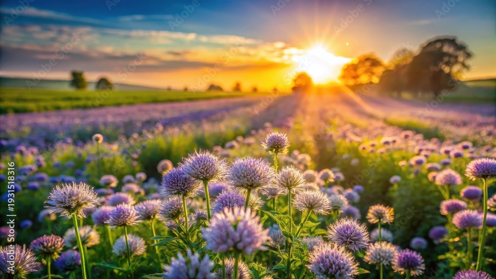 Obraz premium A photo of a vast anise flower field, with vibrant purple blooms stretching to the horizon Sunlight filters through, casting dappled shadows on the l