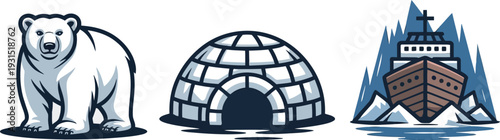 Arctic climate and polar environment icon set with polar bear igloo glacier and extreme cold conditions