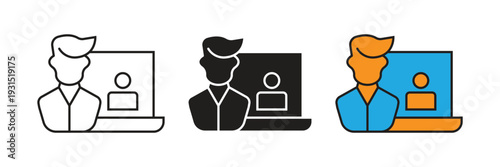 Online Tutor and Laptop Icon. Versatile education icons showing an instructor next to a laptop with a student on screen, perfect for online tutoring and webinars.