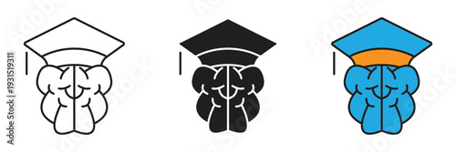 Brain with Graduation Cap Icon. Creative conceptual icons combining a human brain with a graduation hat, representing intellectual growth, wisdom, academic excellence, and mental training.