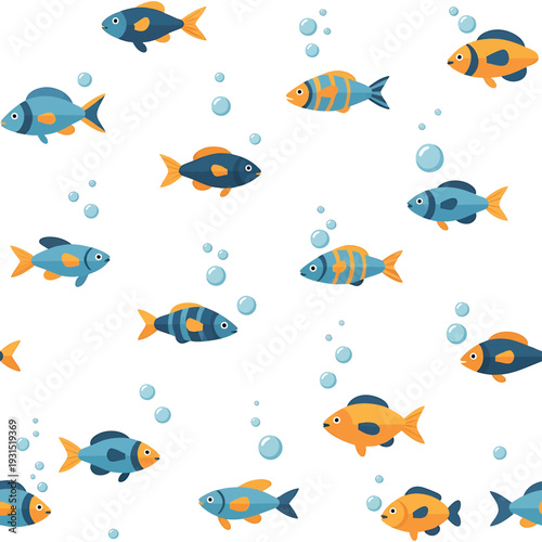 Seamless Pattern with Colorful Cartoon Fish and Bubbles on White Background.