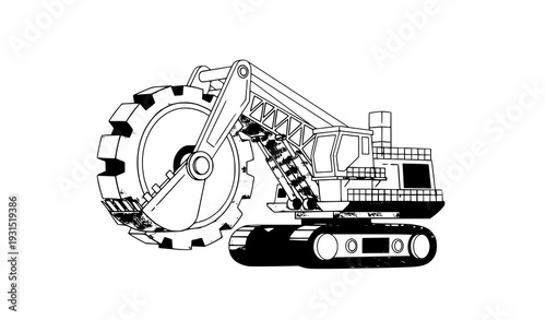 :
Cartoon-style vector of a massive bucket wheel excavator mining machine on white background