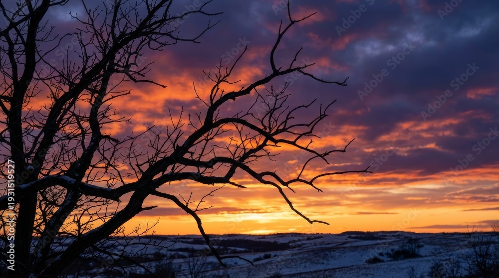Naklejka premium Bare Tree Branches Silhouetted Against Dramatic Sunset Sky