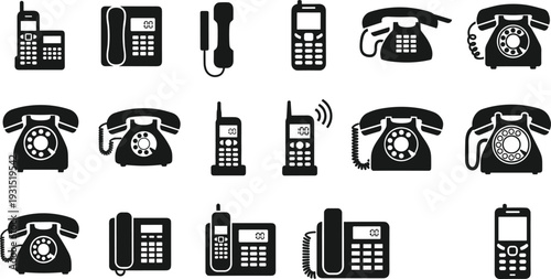 Retro and Modern Telephone Icon Set Featuring Vintage Rotary Landlines Cordless Digital Phones and Classic Mobile Cellphone Vector Illustration - flavector
