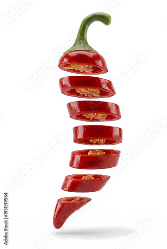 Floating Red Chili Pepper Slices – 3D Spicy Food Illustration Isolated on White Background