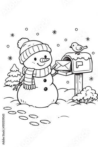 Simple line art vector showing a snowman grabbing a letter from a mailbox, outdoor winter Christmas theme for coloring.