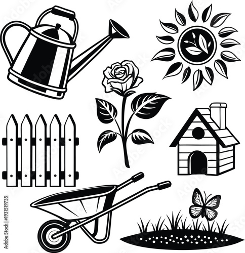 Gardening icons and landscaping elements featuring a watering can, rose, wheelbarrow, and fence in a black and white flat vector illustration for backyard design.