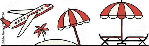 Travel vacation doodle vector illustration featuring an airplane flying over a tropical beach with striped umbrellas, palm trees, and relaxing deck chairs for summer.