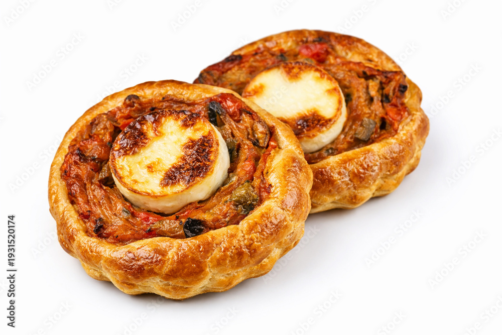 Fototapeta premium Tartelettes de chèvre et légumes sur un fond blanc