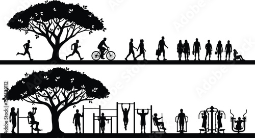 Outdoor park activity silhouettes with people walking, cycling and exercising on fitness equipment under trees isolated on white background, healthy lifestyle concept set