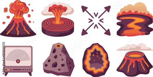 Volcano eruption and natural disaster icon set with lava magma explosion and geological elements