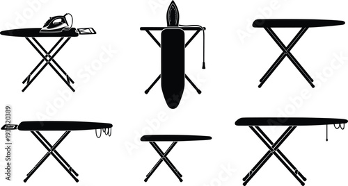 Ironing board silhouette collection vector illustration, foldable household laundry equipment with iron isolated on white background design