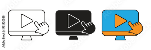 Computer Monitor Video Icon. Desktop computer monitor showing play button and hand clicking for online webinar and video tutorial services.