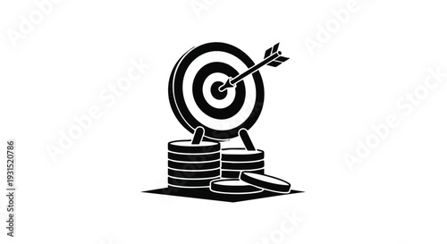 Vector illustration of a target with an arrow hitting the bullseye on a stack of coins