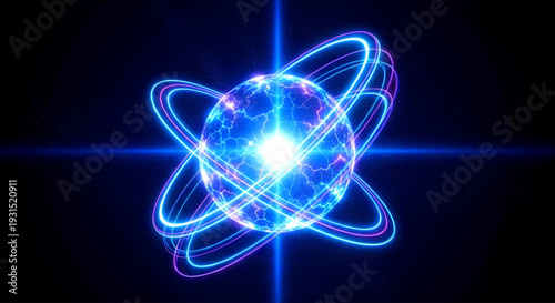 A glowing blue atom illustration centered on a dark background with neon rings and a bright core from a directly overhead viewpoint in a futuristic style