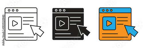 Web Video with Arrow Cursor Icon. Online video tutorial icon on web browser with arrow cursor for e-learning and digital content navigation.