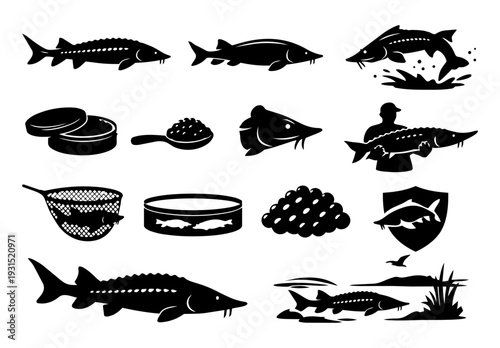 Sturgeon Fish and Caviar Industry Silhouette Set – Luxury Aquaculture and Gourmet Seafood Icons
