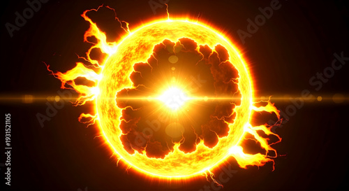 A vibrant, fiery sun explodes with intense flames and light, radiating outward in a spectacular display of energy and power, viewed from a close distance.