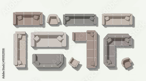 Various furniture pieces in different shapes and sizes on a white background