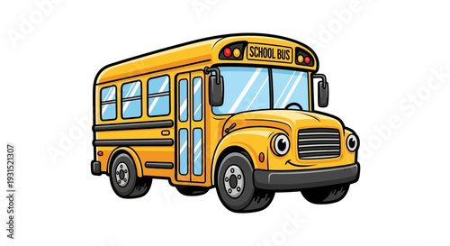 A yellow school bus is parked on a white background, viewed from the front side.