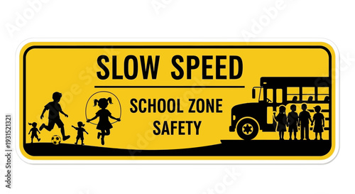 Children Crossing Road Near School Bus on Bright Yellow Safety Sign