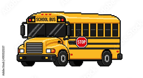 Yellow school bus stopping with red stop sign visible on the side, viewed from the front on a white background, Whisk reference eps file
