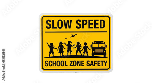 School Zone Safety Sign with Children and Vehicle Illustration