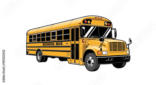 A yellow school bus is parked facing right on a white background, viewed from the side