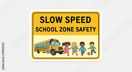 Children Crossing Road Near School Bus in Slow Speed Zone Illustration