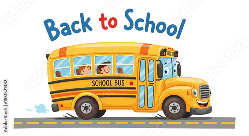 Yellow school bus with children on road, back to school illustration, vector graphic, transportation scene, educational setting
