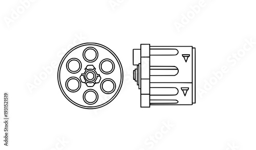 Revolver cylinder outline icon set with side and front view six chamber wheel gun part isolated on transparent background
