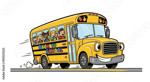 Yellow school bus transporting children on road, viewed from front side