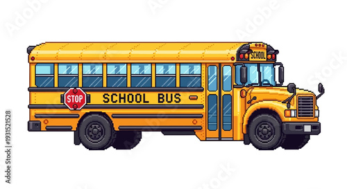 A yellow school bus is viewed from the side, ready for transport, on a white background