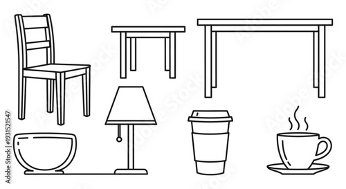 minimalist black and white line art of essential household furniture and kitchenware objects for graphic design
