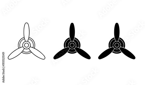 Minimalist airplane propeller engine blade icon set in outline silhouette and solid style for aviation and mechanical concept isolated on transparent background