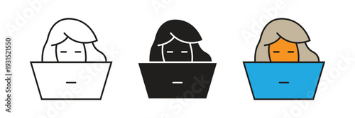 Woman Working on Laptop Icon. Clean icons of a female professional or student focused on her laptop, ideal for representing remote work, studying, or software development.