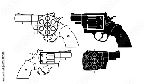 Technical revolver cylinder icon set with outline and silhouette six gun drum front and side view isolated on transparent background