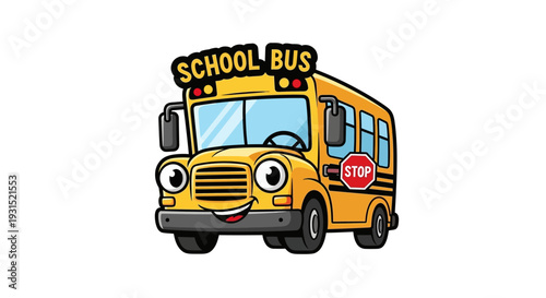 Yellow School Bus Stopped on Roadside with Stop Sign Deployed, Front View Illustration