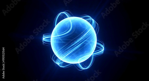 A glowing blue neon sphere with orbiting rings is centered in a dark environment viewed from a straightforward perspective